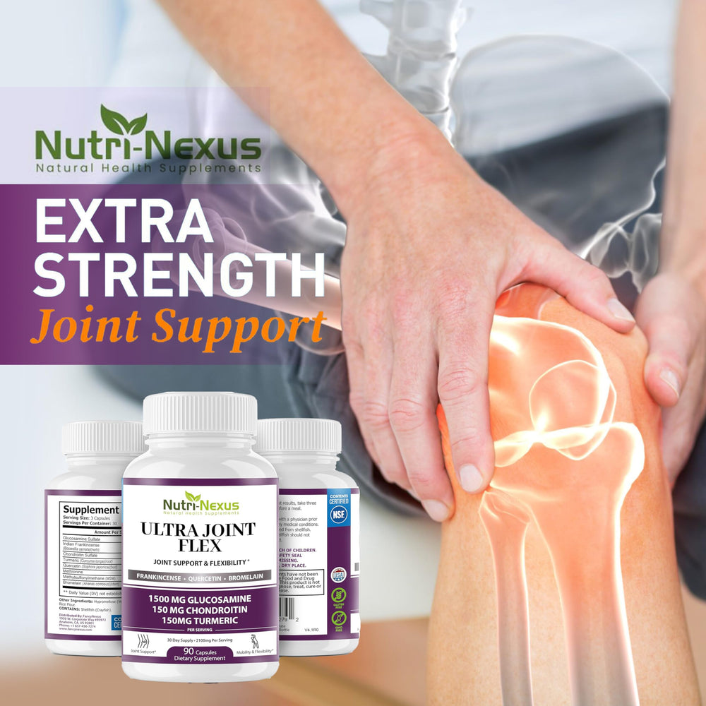 Nutri-Nexus glucosamine capsules closeup illustrating core ingredients for joint health support.