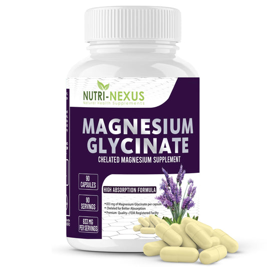 Nutri-Nexus Magnesium Glycinate 833mg bottle front showing high-absorption wellness.