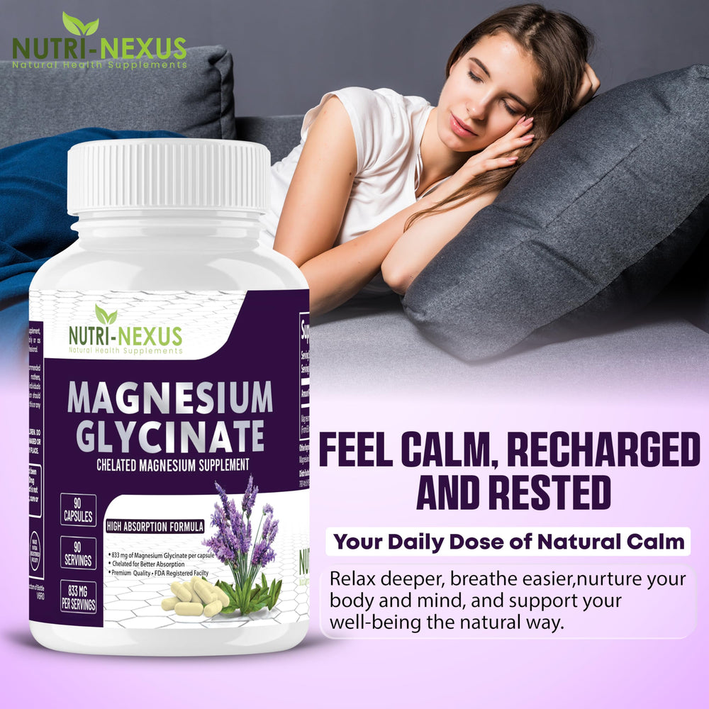 Nutri-Nexus Magnesium Glycinate 833mg bottle top closeup encouraging daily use.