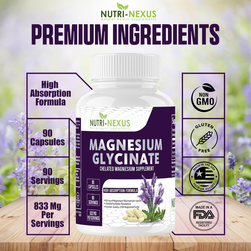 Nutri-Nexus Magnesium Glycinate 833mg capsules pouring into a spoon for nightly routine.