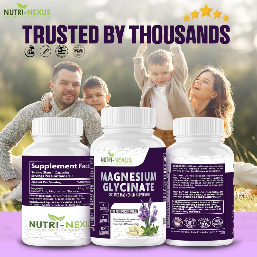 Nutri-Nexus Magnesium Glycinate 833mg vegan capsules collection highlights vegan-friendly formula.