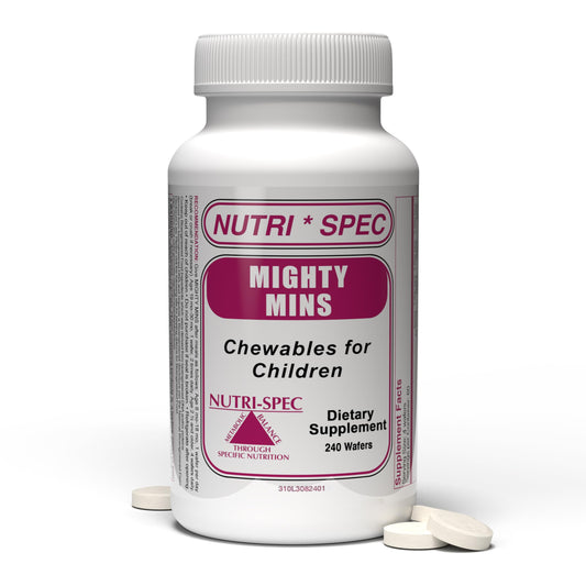 Nutri-Spec Mighty-Mins bottle with wafers; easy daily supplementation for kids.