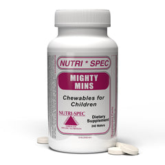 Nutri-Spec Mighty-Mins bottle with wafers; easy daily supplementation for kids.