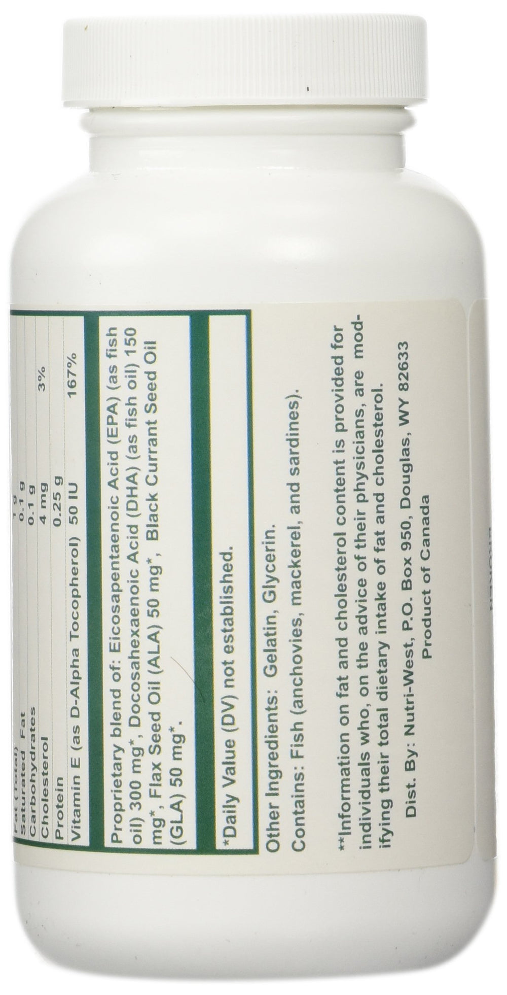 Nutri-West Complete Omega-3 Essentials capsules close-up showing softgel capsules.