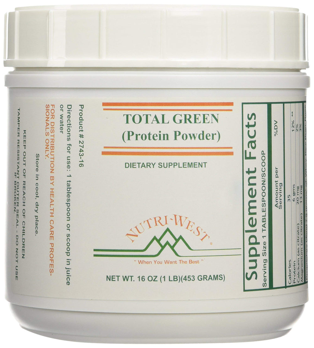Nutri-West Total Green Protein Powder bottle pouring for convenient daily nutrition