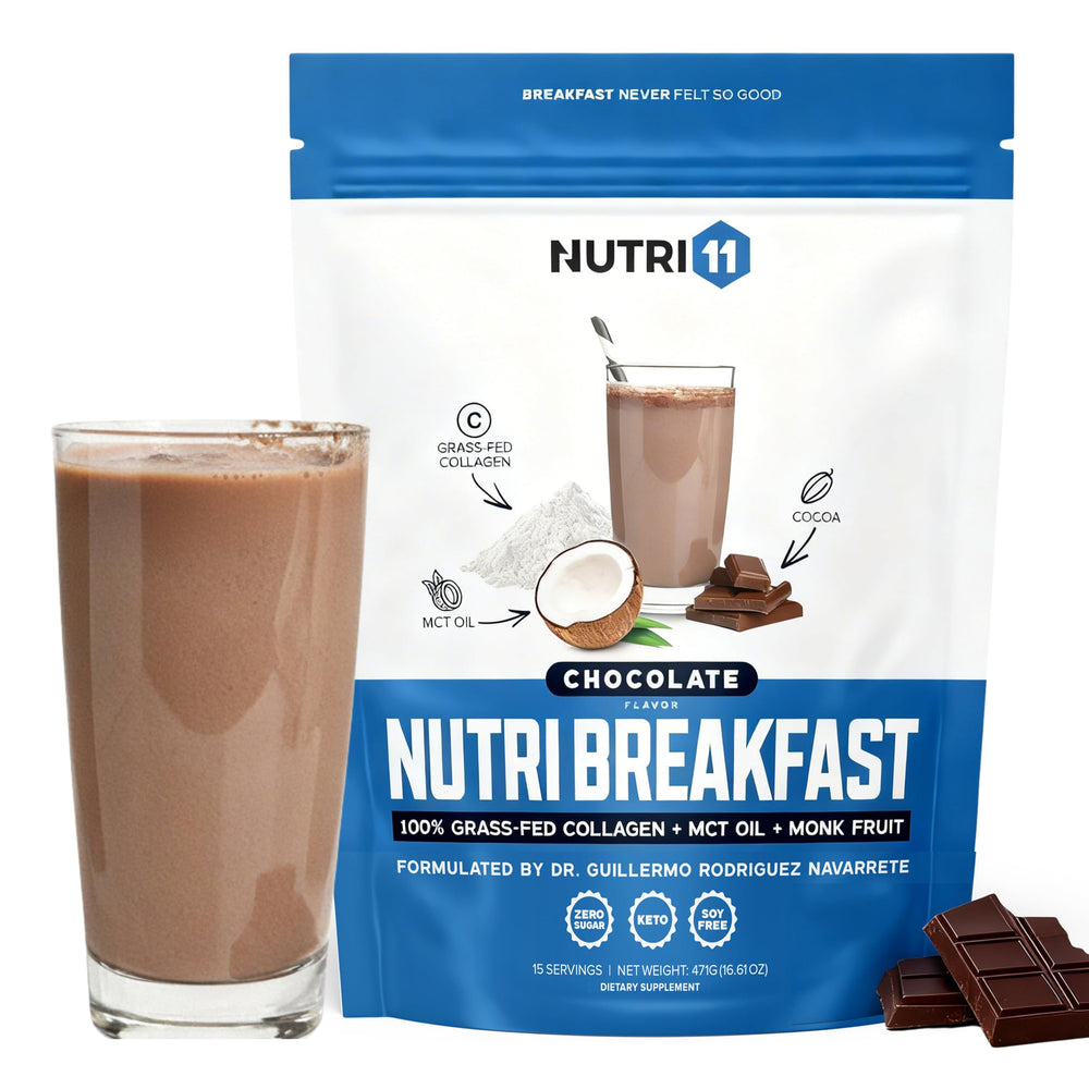 Nutri11 NutriBreakfast chocolate bottle pour for keto-friendly morning boost