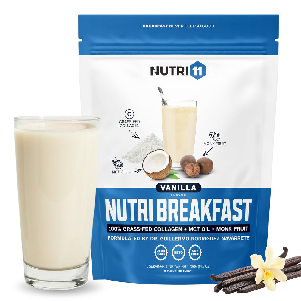 Nutri11 NutriBreakfast vanilla bottle shows keto collagen formula for mornings.