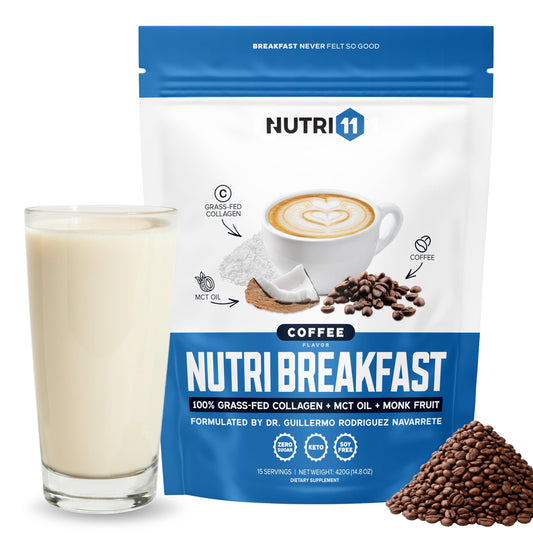 NutriBreakfast coffee tub highlights keto protein and collagen for morning energy.