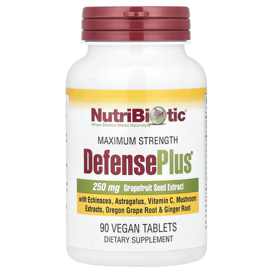 NutriBiotic DefensePlus tablets close-up highlight vegetarian formula for daily wellness