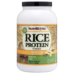 NutriBiotic Vanilla Rice Protein bottle close-up highlighting vegan, low-carb nutrition