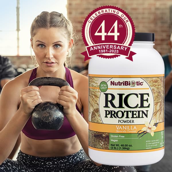 NutriBiotic Vanilla Rice Protein container highlights gluten-free, GMO-free quality