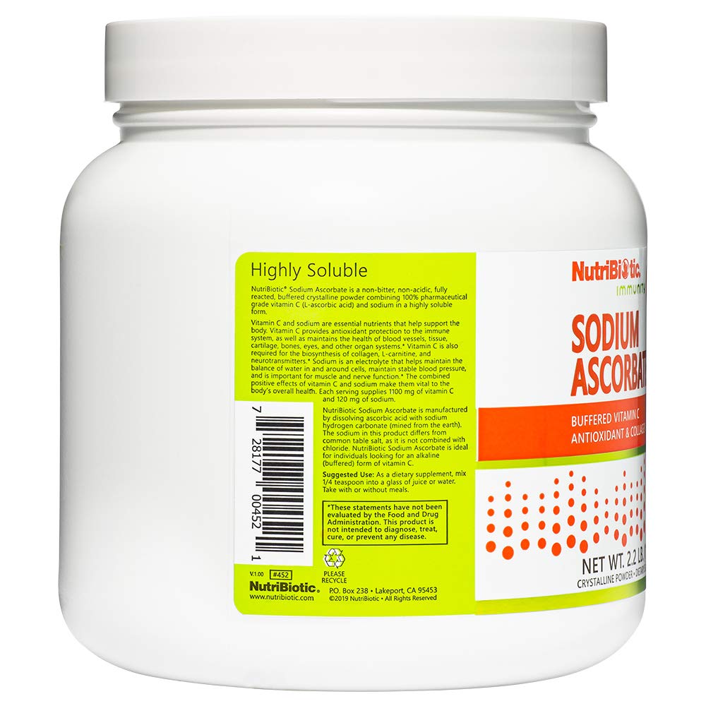 NutriBiotic sodium ascorbate on the kitchen counter suggesting simple supplementation.