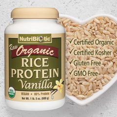 NutriBiotic Organic Rice Protein Vanilla packaging showing gluten-free, GMO-free formula.
