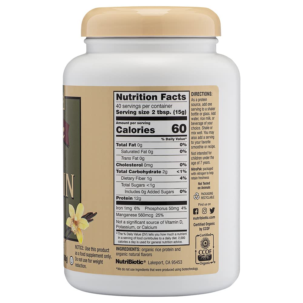 NutriBiotic Rice Protein Vanilla label highlighting organic and kosher certifications.