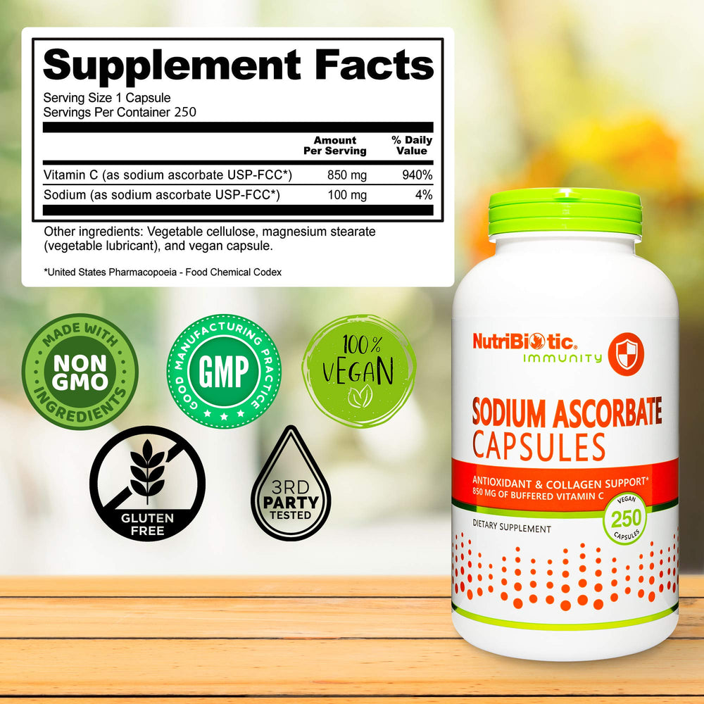 NutriBiotic Sodium Ascorbate Capsules in glass bottle for easy storage.