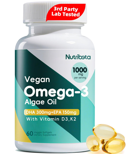 Nutribota Vegan Omega-3 Softgels bottle for daily plant-based omega-3 intake.