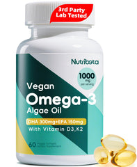 Nutribota Vegan Omega-3 Softgels bottle for daily plant-based omega-3 intake.