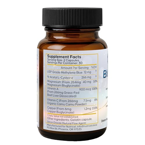 Nutricel Blue Immune label detail highlighting USP methylene blue content.