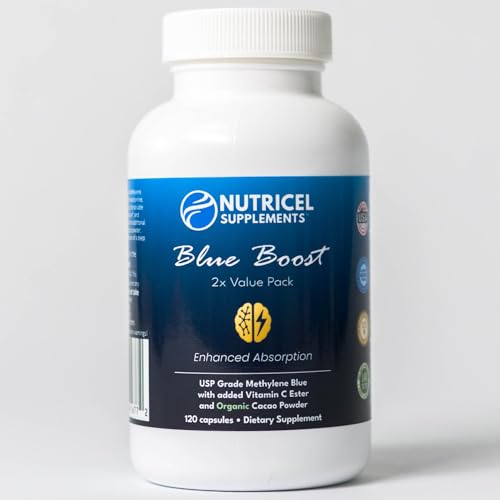 Nutricel Methylene Blue capsules close-up highlighting 12 mg dosage per serving