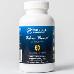 Nutricel Methylene Blue capsules close-up highlighting 12 mg dosage per serving