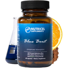 Nutricel Methylene Blue capsules label shows dosage and brand for daily use.