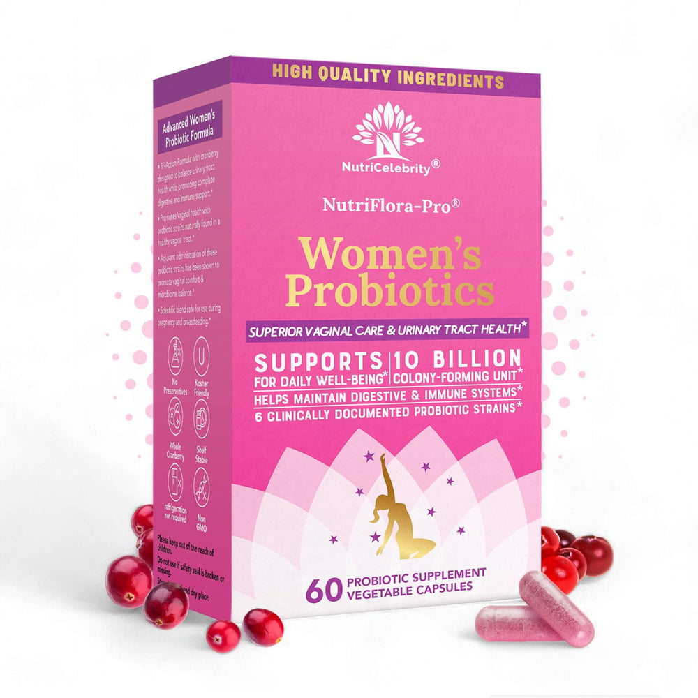 Nutricelebrity NutriFlora-Pro bottle shown for daily feminine probiotic support