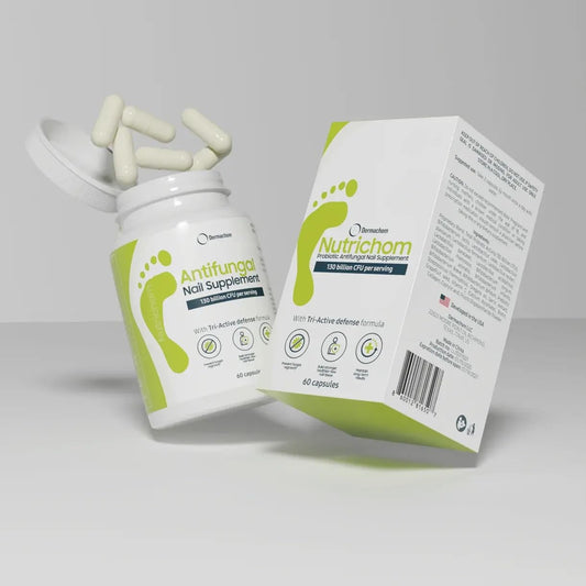 Nutrichom bottle front label highlights probiotic nail support.