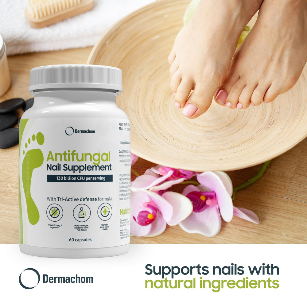 Nutrichom garlic extract close-up illustrates natural nail health ingredients.
