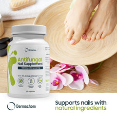Nutrichom garlic extract close-up illustrates natural nail health ingredients.