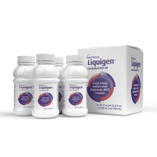 Nutricia Liquigen emulsified MCT oil bottle ready for blending into beverages