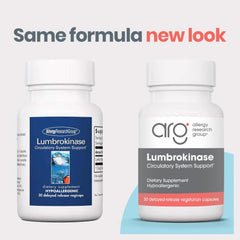 Nutricology Lumbrokinase bottle close-up reveals capsule color and coating.
