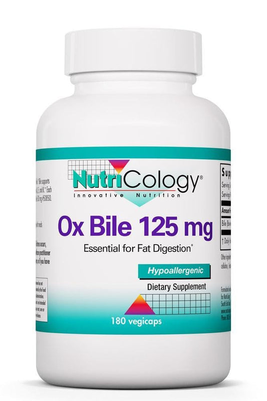 NutriCology Ox Bile 125 mg bottle—concentrated bile salts for fat digestion support.