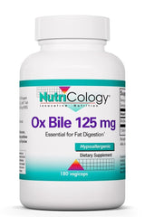 NutriCology Ox Bile 125 mg bottle—concentrated bile salts for fat digestion support.