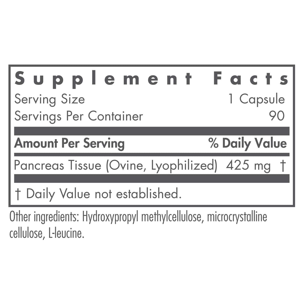 Nutricology Pancreas Lamb capsules close-up emphasizing amylase, protease, and lipase support