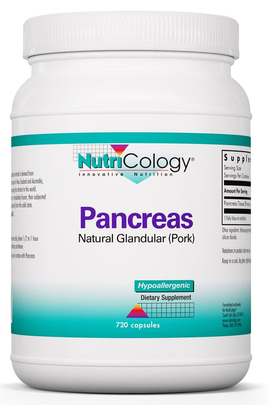 NutriCology Pancreas Natural Glandular bottle label closeup shows trusted quality.