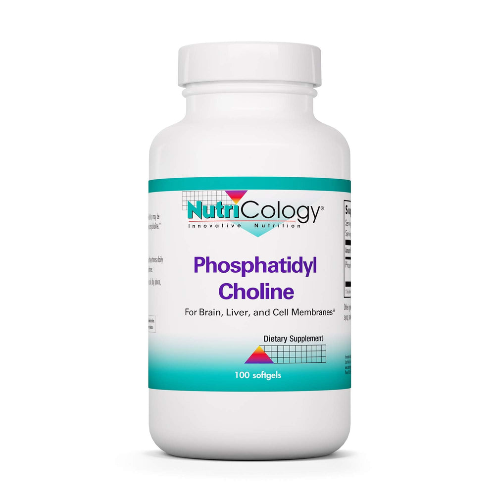 Nutricology phosphatidylcholine softgels bottle on shelf supports memory and liver function.