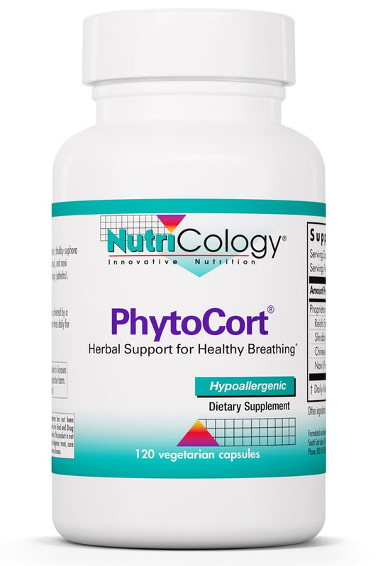 Nutricology PhytoCort bottle front showing herbal formulation for respiratory support