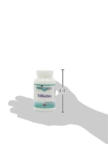 Nutricology Tribiotics bottle with glass shows daily supplement routine.
