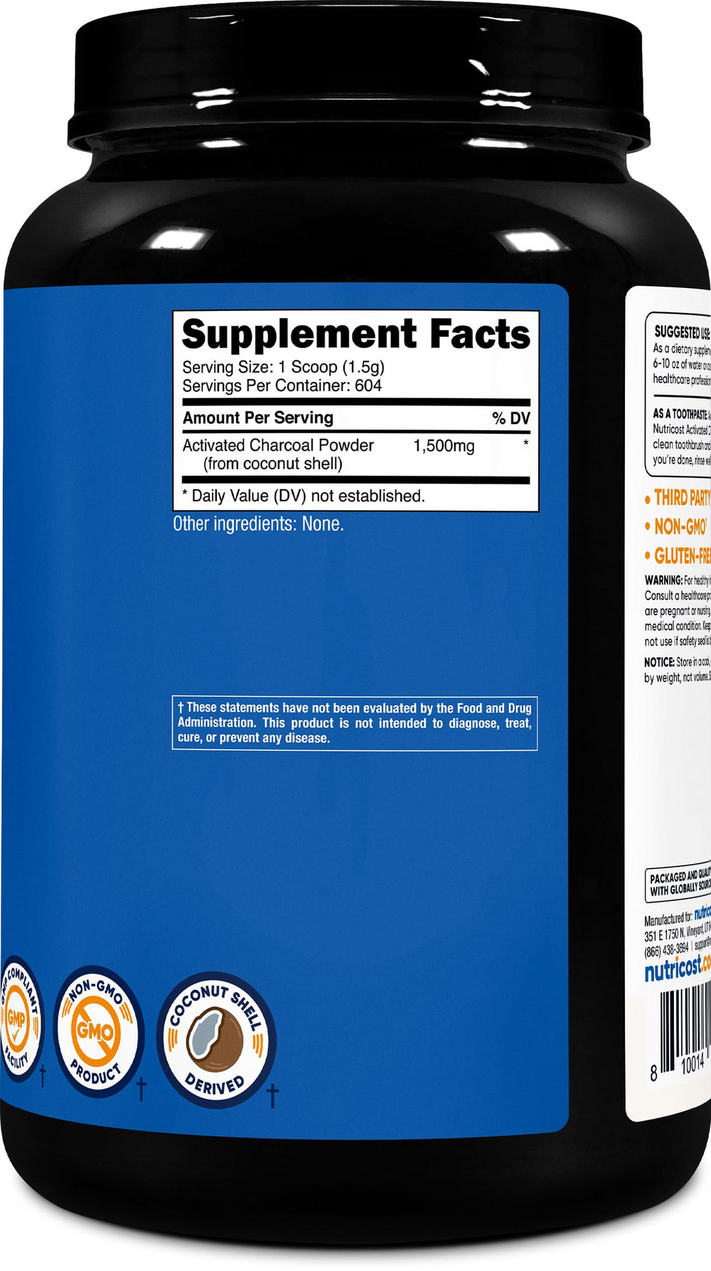 Nutricost activated charcoal powder from coconut shells—gluten-free, non-GMO option.