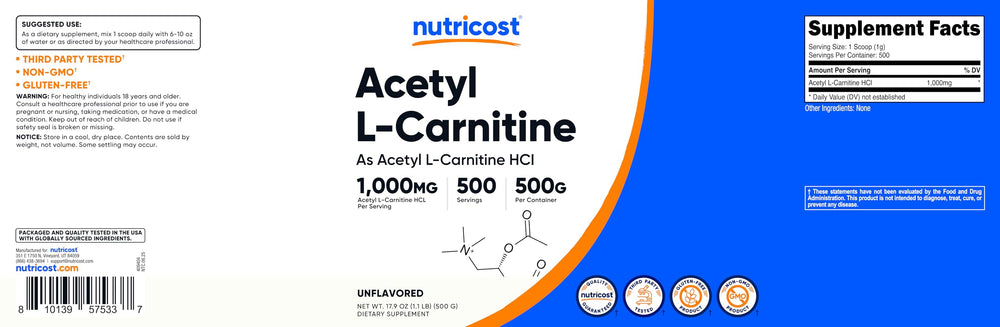 Nutricost Acetyl L-Carnitine powder ready to pour into a shaker.