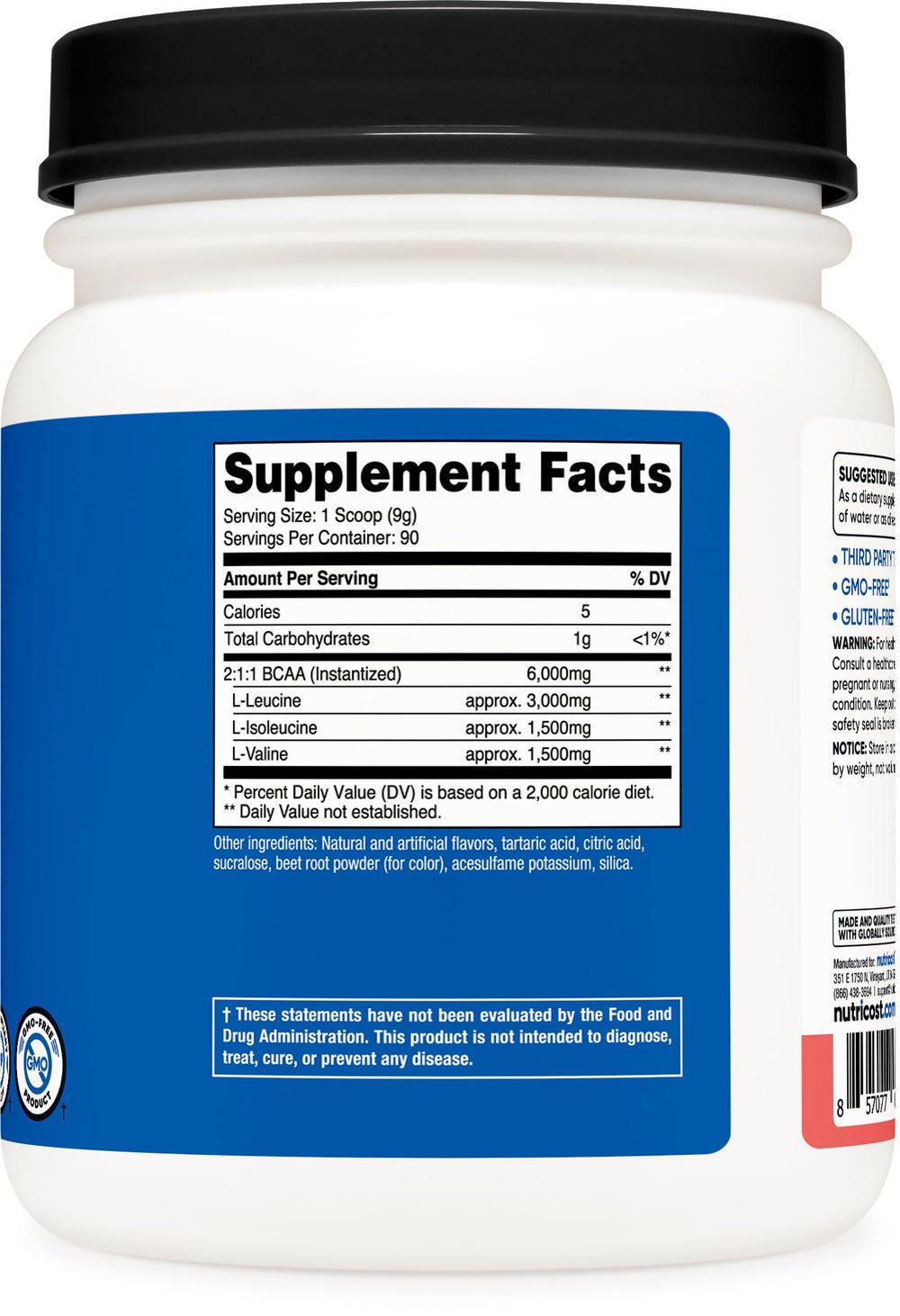 Nutrition label on Nutricost BCAA bottle detailing ingredients