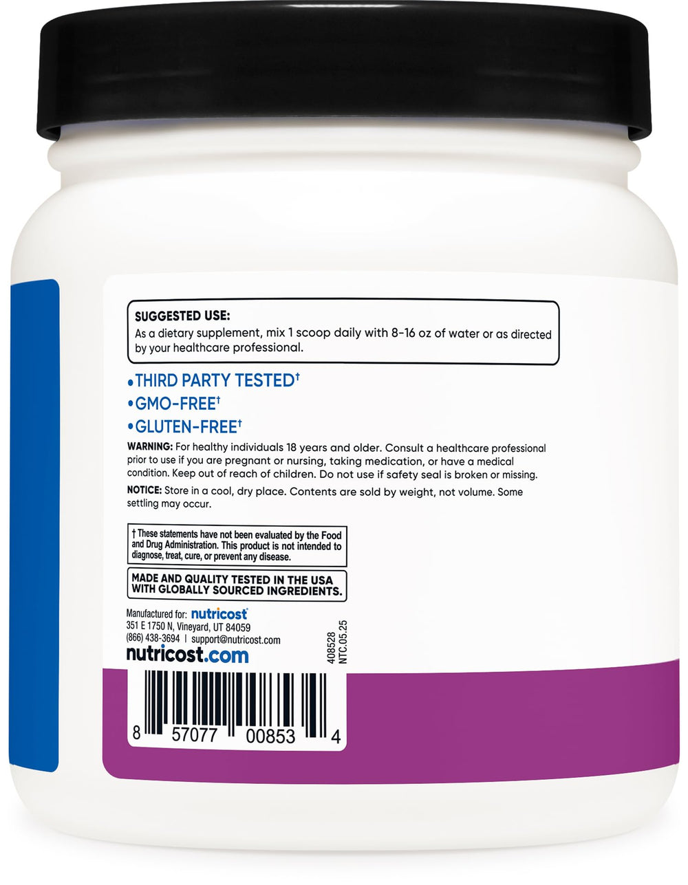 Nutricost BCAA grape label highlighting quality and testing.