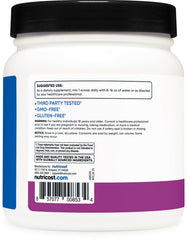 Nutricost BCAA grape label highlighting quality and testing.