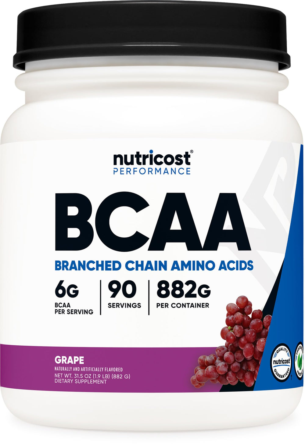 Nutricost BCAA Powder grape tub for pre-workout fueling.