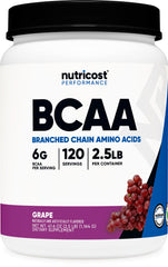 Nutricost BCAA Powder Grape tub shows 120 servings for steady amino acid support.