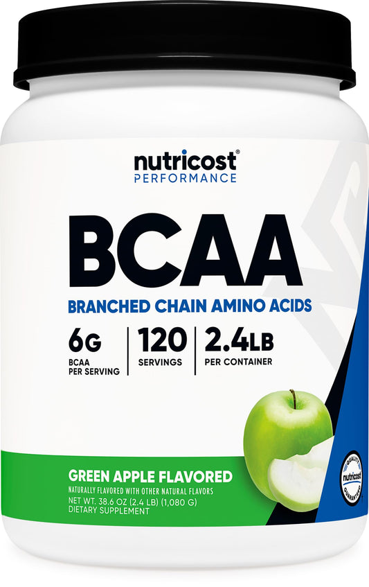 Nutricost BCAA powder in green apple packaging supports post-workout recovery and flavor enjoyment.