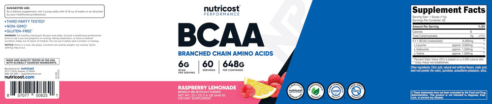 Nutricost BCAA powder raspberry lemonade bottle with scoop for precise gym use