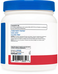 Nutricost BCAA Powder Strawberry Kiwi label close-up, highlighting non-GMO and third-party tested.