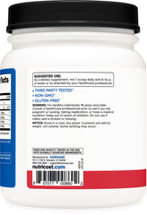Nutricost BCAA powder label highlighting ingredients and quality notes.