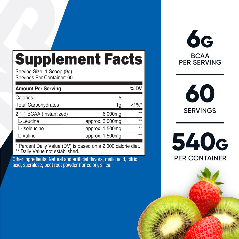 Nutricost BCAA Powder Strawberry Kiwi pour reveals blend ideal for pre-workout mix.